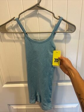 Girls Blue Ribbed One-Piece Dance Biking Romper NWT 🩰🤸‍♀️🚲